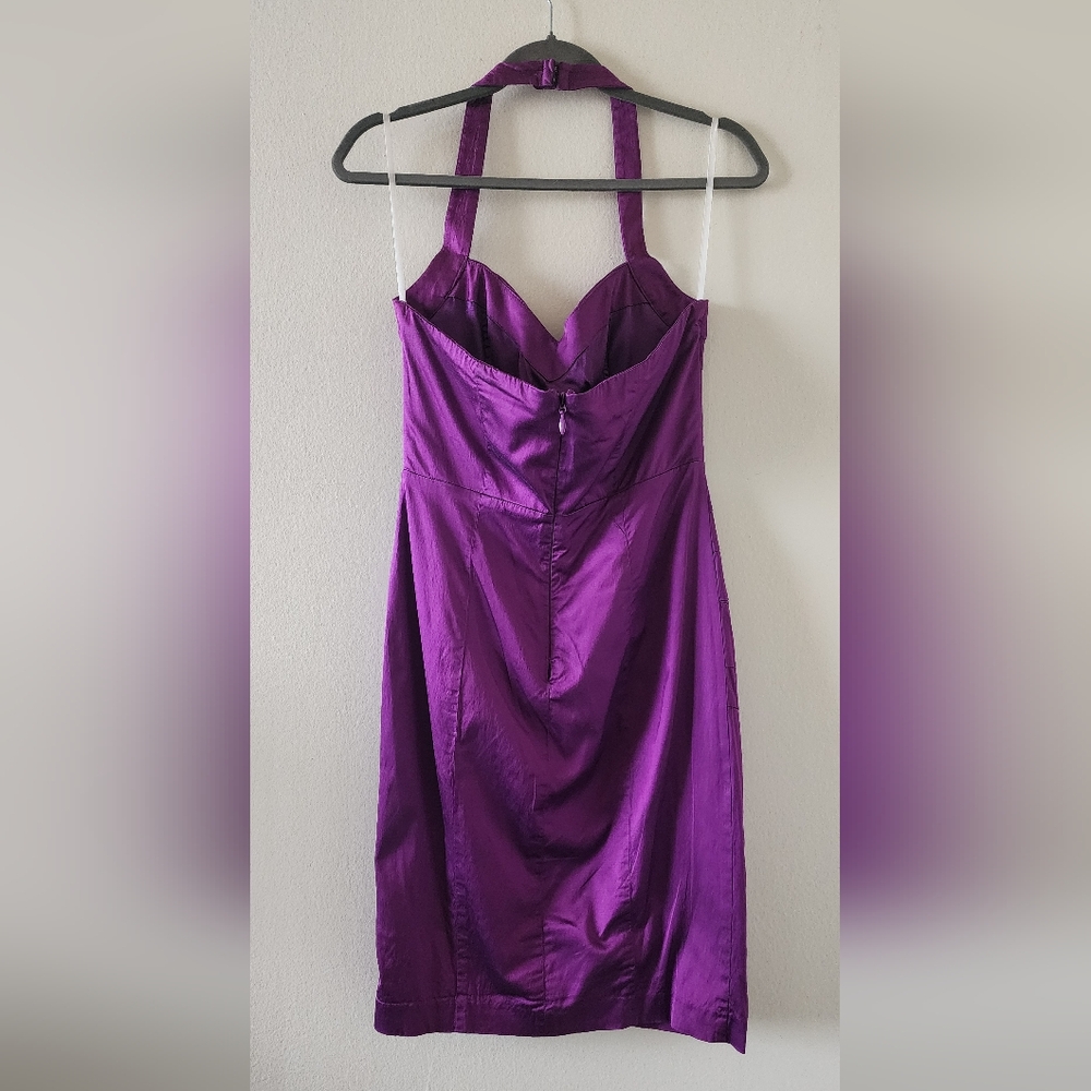 VINTAGE Bebe Purple Ruched Cocktail Dress Halter Neckline - Picture 8 of 13